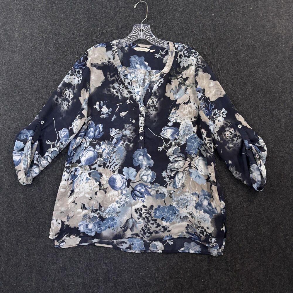 Soft Surroundings Blouse Women's Petite Large Blue Floral 3/4 Sleeve Tunic Top